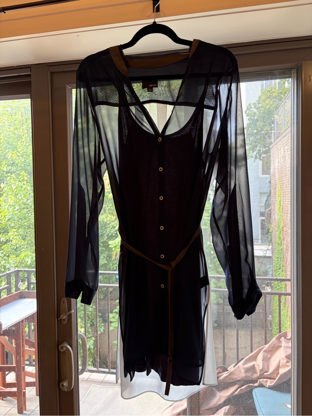 Greylin Sheer Navy and White Long-Sleeve Button Dress with Belt and Bodycon slip